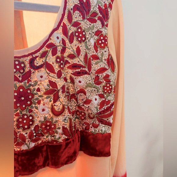 Vintage Indian Bollywood Velvet Trim Chiffon Anarkali Dress and Dupatta Set - Picture 6 of 8